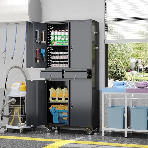 71 Inch Metal Garage Cabinet with 2 Drawers and Pegboard Doors