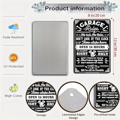Gifts for Men Dad Husband Funny Garage Rules My Tools My Rules Metal Sign Vintage Metal Wall Art for Garage Workshop Man Cave Decor 8x12 Inch