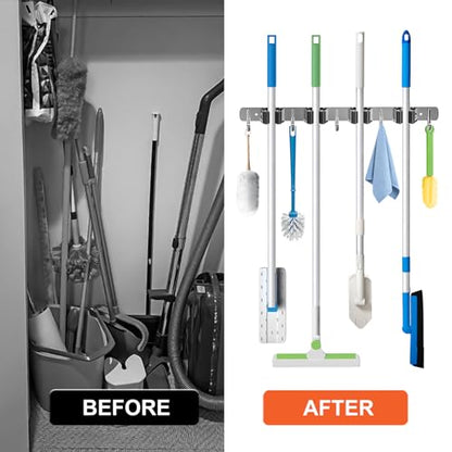 2 Pack Mop Broom Holder Wall Mount 4 Racks 5 Hooks Storage Silver (2 Count)