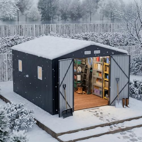 10x12 FT Outdoor Metal Storage Shed with Unique Base Sunroof Window Lockable Door Vent