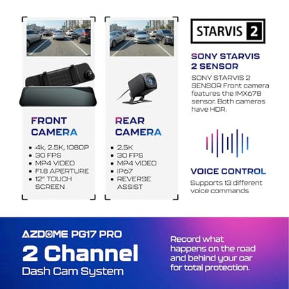 PG17 Pro 4K+2.5K Mirror Dash Cam with STARVIS 2 & 5G WiFi Rear View Mirror Camera
