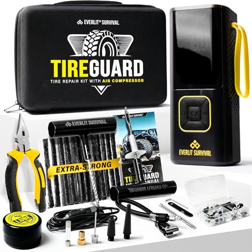 All-in-One Tire Repair Kit with Air Compressor – 150 PSI Portable Cordless Tire Inflator & Plug Kit – Flat Tire Emergency Roadside Kit for Car, SUV, Truck & Motorcycle Fast Repair & Inflation