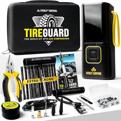 All-in-One Tire Repair Kit with Air Compressor – 150 PSI Portable Cordless Tire Inflator & Plug Kit – Flat Tire Emergency Roadside Kit for Car, SUV, Truck & Motorcycle Fast Repair & Inflation