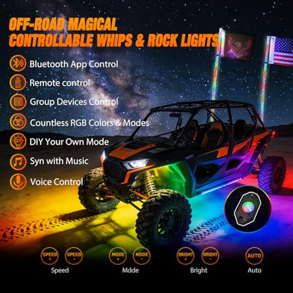 RGB LED Whip Light 2PCS 4FT with 4 Rock Lights Combo
