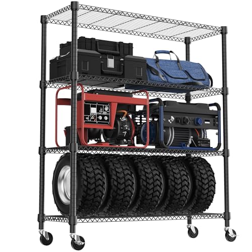 1400LBS 47.2" W 4 Tiers Storage Shelves Metal Shelving Unit with Wheels Heavy Duty Garage Shelving Adjustable Wire Shelves for Pantry