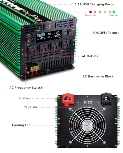 3000 Watt Pure Sine Power Inverter 12V to 110V 120V DC to AC Converter with 4 AC Outlets