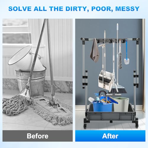 Broom and Mop Holder Freestanding Mobile Cleaning Tool Storage Rack