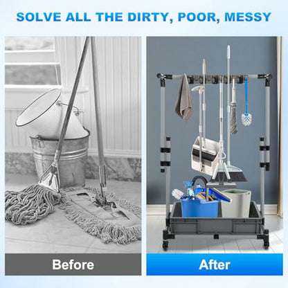 Broom and Mop Holder Freestanding Mobile Cleaning Tool Storage Rack