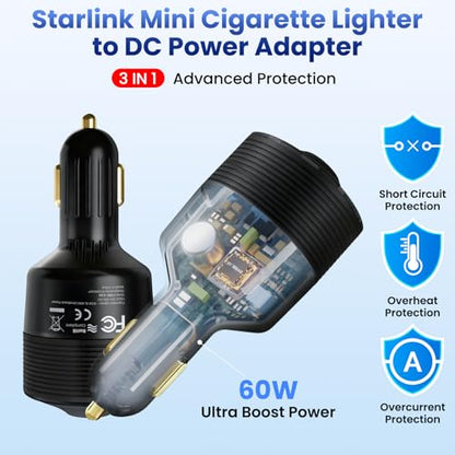 Starlink Mini Car Adapter 12V to 24V DC Step Up Converter with 60W Car Cigarette Lighter Adapter