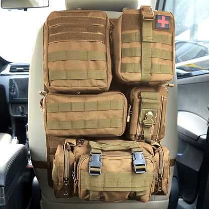 Universal Tactical Seat Back Organizer Vehicle Molle Panel Organizer Storage Bag with 5 Detachable Molle Pouch for All Vehicel Such as Jeep