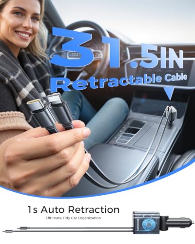 2026 Compact SUPERONE Retractable Car Charger with USB C & Apple Cables