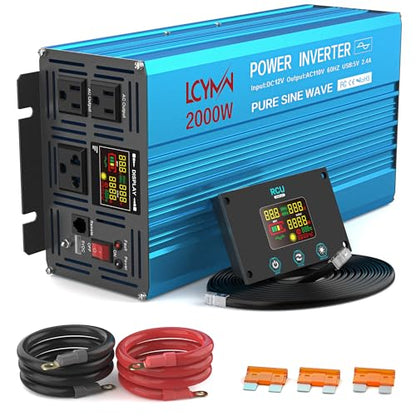 2000 Watt Inverter Pure Sine Wave DC 12V to 110V AC Power Inverters with 3 AC Charger Outlets