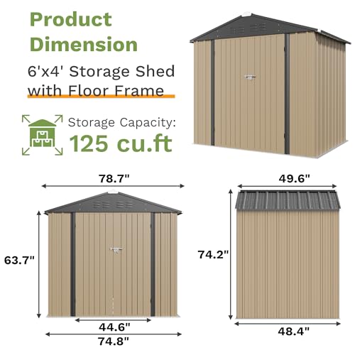 6x4 FT Outdoor Storage Shed with Floor Frame