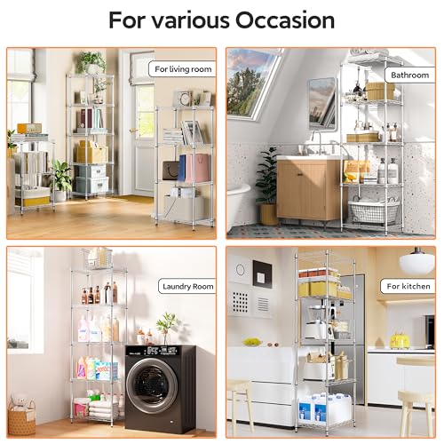 5 Tiers Shelf Metal Storage Shelves Wire Rack Closet Organizers for Garage Kitchen Bathroom Laundry Chrome 11.8" D x 17.7" W x 55" H (5 Count)