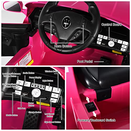 Ride on Car Pink Licensed Maserati Gbili 12V Battery Powered Electric Car with Parent Remote Control & Manual Modes