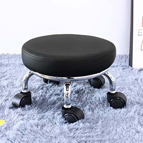 Modern Roller Seat PU Leather Low Round Rolling Stool 360° Swivel Small Seat with Universal Wheels Foot Stool for Home Office Garage Shop Fitness Sport H：8.6" （Black）