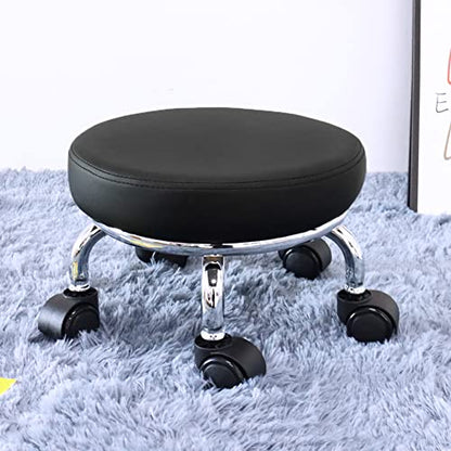 Modern Roller Seat PU Leather Low Round Rolling Stool 360° Swivel Small Seat with Universal Wheels Foot Stool for Home Office Garage Shop Fitness Sport H：8.6" （Black）