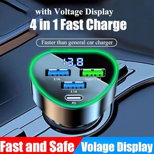 4 in 1 Multi Port USB C Car Phone Charger Adapter with Voltage Display