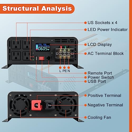 3000W Pure Sine Wave Power Inverter DC 12V to AC 120V