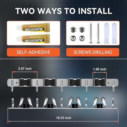 2 Pack Mop Broom Holder Wall Mount 4 Racks 5 Hooks Storage Silver (2 Count)