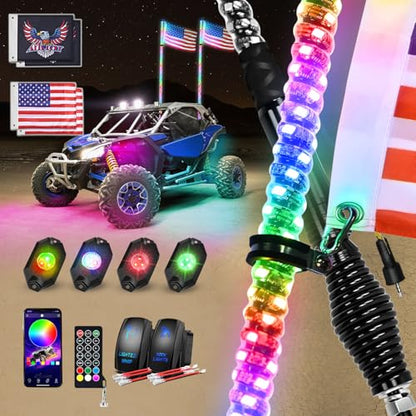 RGB LED Whip Light 2PCS 4FT with 4 Rock Lights Combo