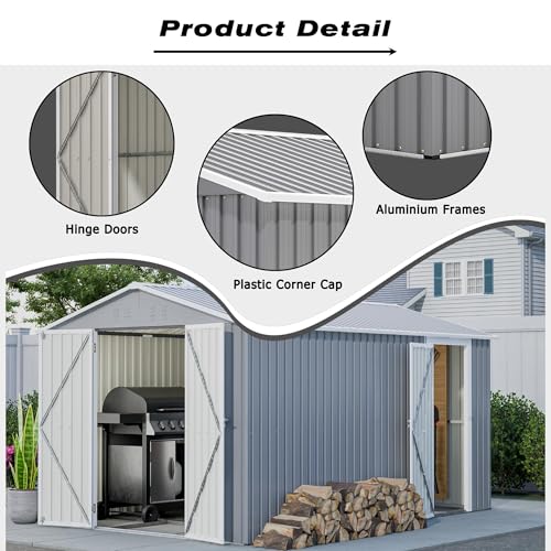 8x12 Ft Large Metal Outdoor Storage Shed with Floor Frame & Lock