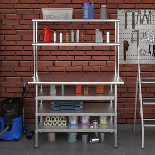 24" x 48" Stainless Steel Work Table with 3 Shelves and 12" Wide Double Tier Overshelf