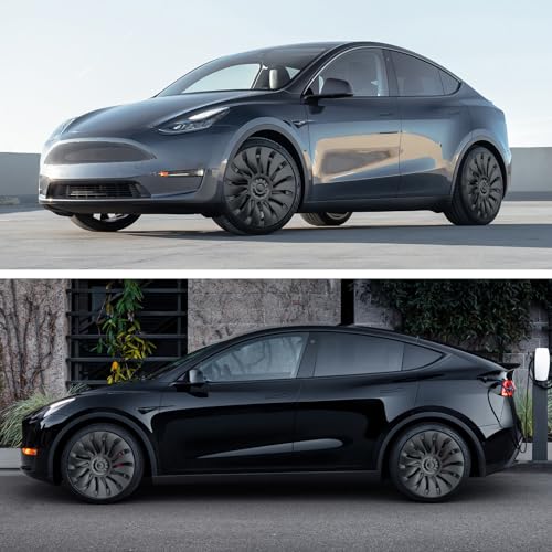 Wheel Covers 19 Inch Compatible with Tesla Model Y Accessories 2024 2023 2022 2021 Matte Black ABS Hubcaps Rim Protector Replacement（Not Fit for Model Y Juniper）