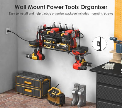 Garage Tools Storage with Charging Station. Power Tool Battery Organizer Utility Shelf with Power Strip. 4 Drills Holder Wall Mount Rack (5.4 Count)
