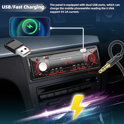 Single Din Car Stereo with Bluetooth 5.0 Hands Free Calling Digital Car Stereo Receiver FM Radio Car Mp3 Player Audio Multimedia System with 2 USB