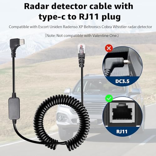 USB C to RJ11 Coiled Radar Detector Power Cable for Escort Uniden & More