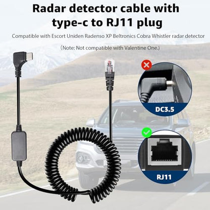 USB C to RJ11 Coiled Radar Detector Power Cable for Escort Uniden & More