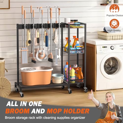 Broom Holder with Cleaning Supplies Organizer