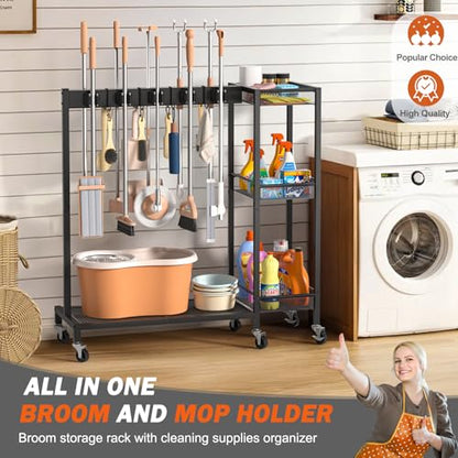 Broom Holder with Cleaning Supplies Organizer