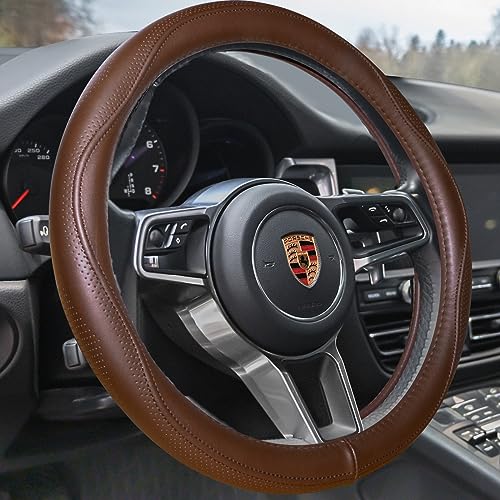 Top Grade Brown Genuine Leather Steering Wheel Cover Men Women