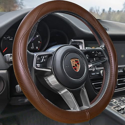 Top Grade Brown Genuine Leather Steering Wheel Cover Men Women
