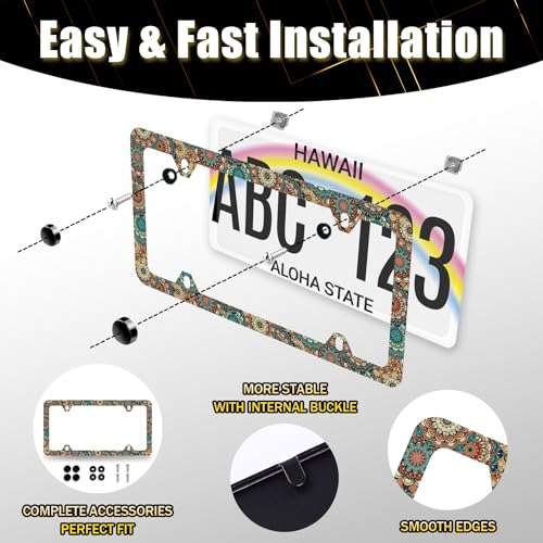 Vintage Mandala Flowers License Plate Frame Floral License Holder with Hole
