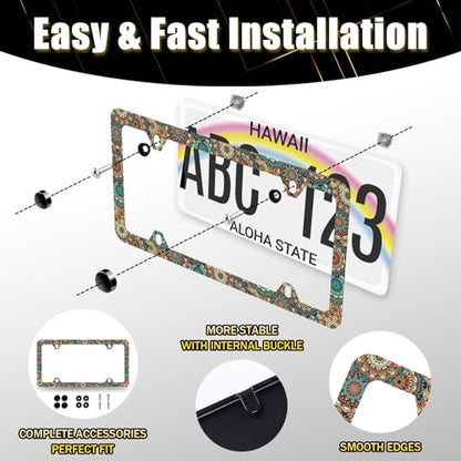 Vintage Mandala Flowers License Plate Frame Floral License Holder with Hole