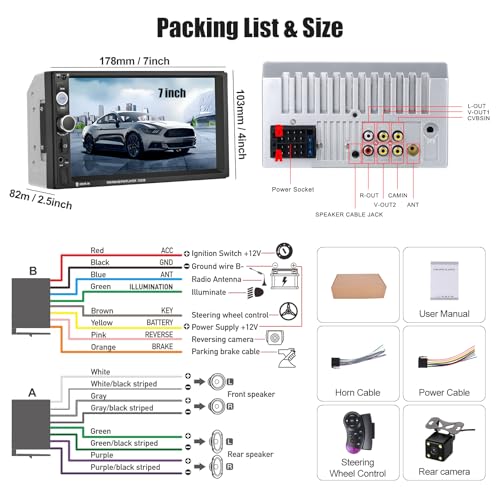 7" Double Din Car Stereo Audio Bluetooth MP5 Player USB FM Multimedia Radio+ 4 LED Mini Backup Camera with Steering Wheel Remote Support Mobile Phone Synchronization