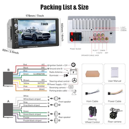 7" Double Din Car Stereo Audio Bluetooth MP5 Player USB FM Multimedia Radio+ 4 LED Mini Backup Camera with Steering Wheel Remote Support Mobile Phone Synchronization