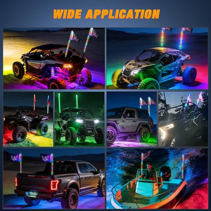 RGB LED Whip Light 2PCS 3FT with 6 Rock Lights Combo