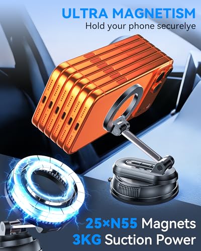 2-IN-1 Detachable Car Phone Holder for MagSafe[2800gf Strong Magnet & 89+LBS Suction Base]Vacuum Magnetic Phone Holders for Your Car, 360° Adjustable for iPhone 17-12 Pro Max Plus Air, Car Accessories