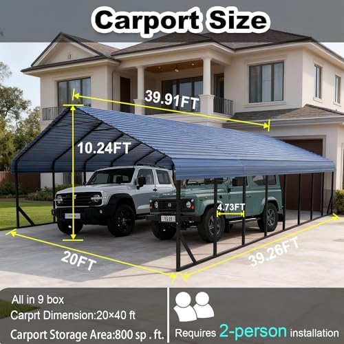 20x40 FT Heavy Duty Metal Carport with Galvanized Steel Roof & Frame