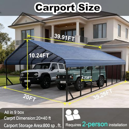 20x40 FT Heavy Duty Metal Carport with Galvanized Steel Roof & Frame