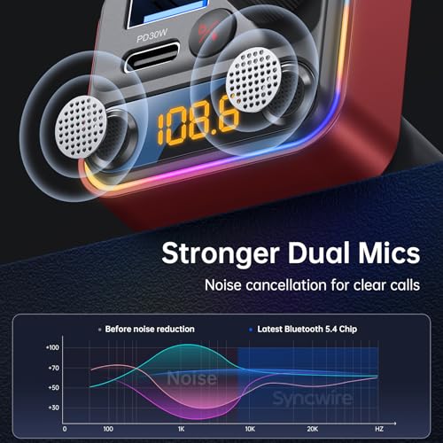 Bluetooth 5.4 FM Transmitter Car Adapter 42W [Light Switch] [Stronger Dual Mics] [HiFi Deep Bass] [Fast Charging] Wireless FM Radio Music Adapter Hands