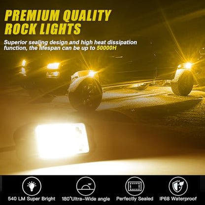 4Pods Pure Yellow 72 LEDs SMD Chips 72w High Power Rock Lights Super Bright Yellow Offroad Car Boat Underglow Lights IP68 Waterproof for Truck SUV UTV ATV RZR