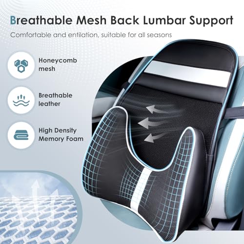 Memory Foam Double Layer Breathable Mesh Lumbar Support Ergonomic Leather Lumbar Support Pillow with 3D Mesh Back Support and Adjustable Strap for CarSeat & Office Chair