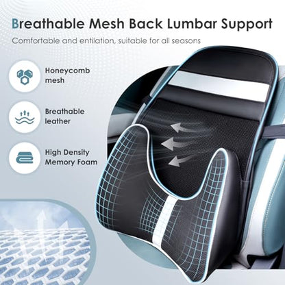 Memory Foam Double Layer Breathable Mesh Lumbar Support Ergonomic Leather Lumbar Support Pillow with 3D Mesh Back Support and Adjustable Strap for CarSeat & Office Chair