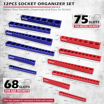 12-Piece 1/4" 3/8" 1/2"-Drive SAE & Metric Magnetic Socket Organizer Set (Holds 143 Sockets) -Detachable Tool Tray with 5mm Magnetic Base for Garage/Home(Sockets Not Included) (12 Count)
