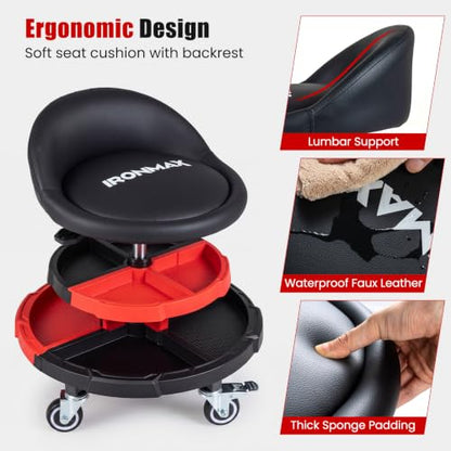 360° Rolling Mechanic Stool with 2 Tool Storage Trays